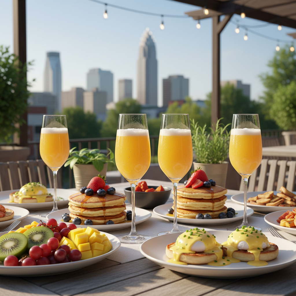 Bottomless mimosas and brunch dishes on a sunny Charlotte patio with string lights