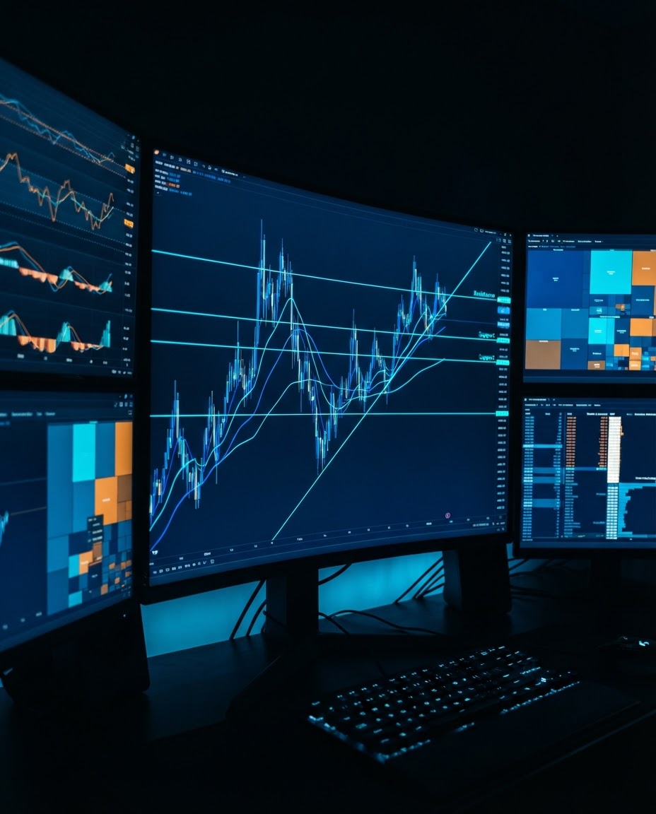 Trader dashboard glowing on a dark screen