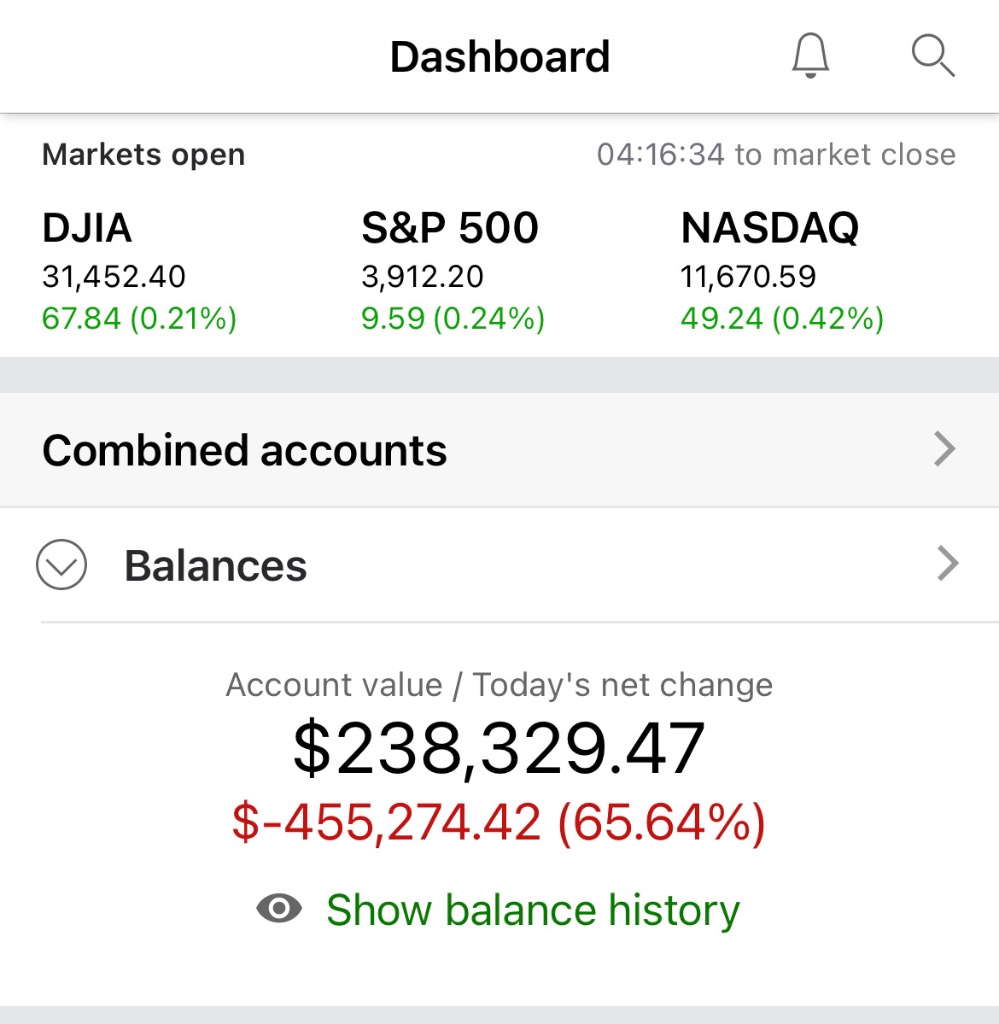TD Ameritrade portfolio down $455,274 - 65.64% in a single day on July 8, 2022