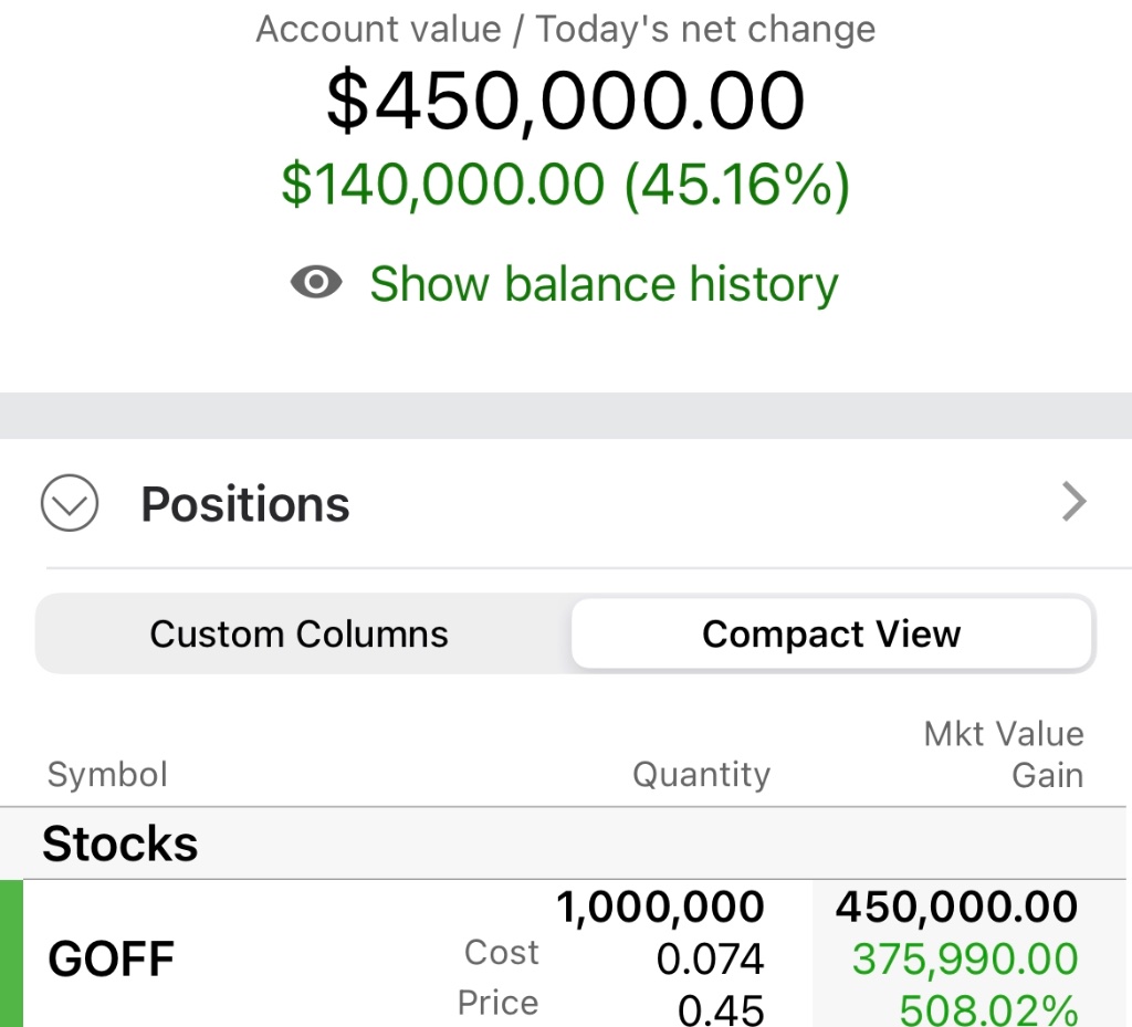 TD Ameritrade portfolio at $450,000 - GOFF up 508%