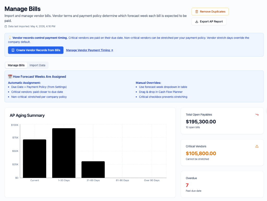 Manage Bills screen showing AP aging chart and vendor payment tracking