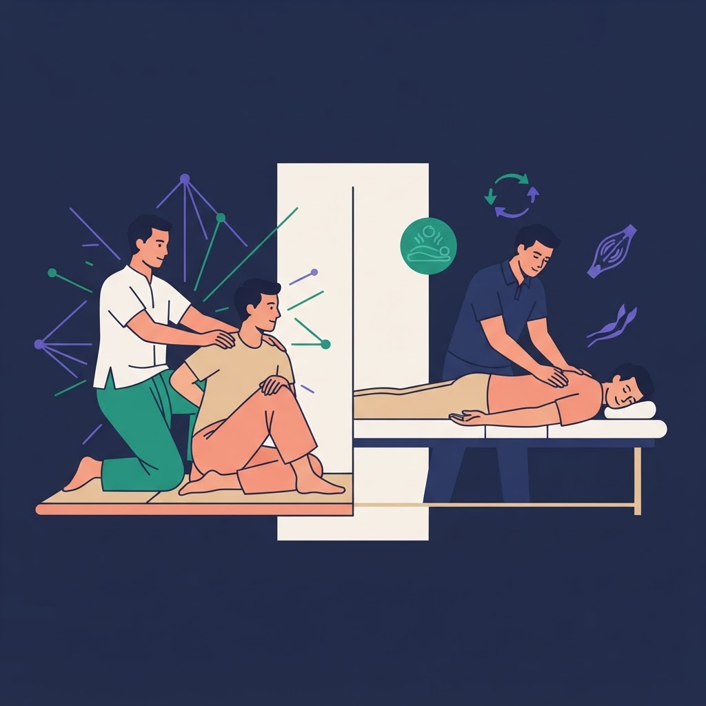 Thai Massage vs Swedish Massage: Techniques, Benefits, and Which to Choose — flat vector editorial illustration