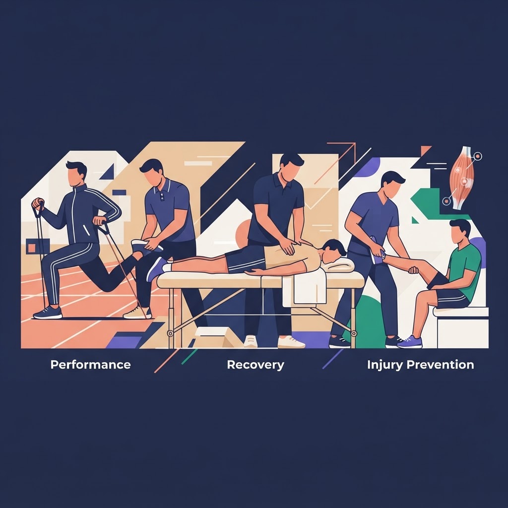 Sports Massage for Athletes: Performance, Recovery, and Injury Prevention — flat vector editorial illustration