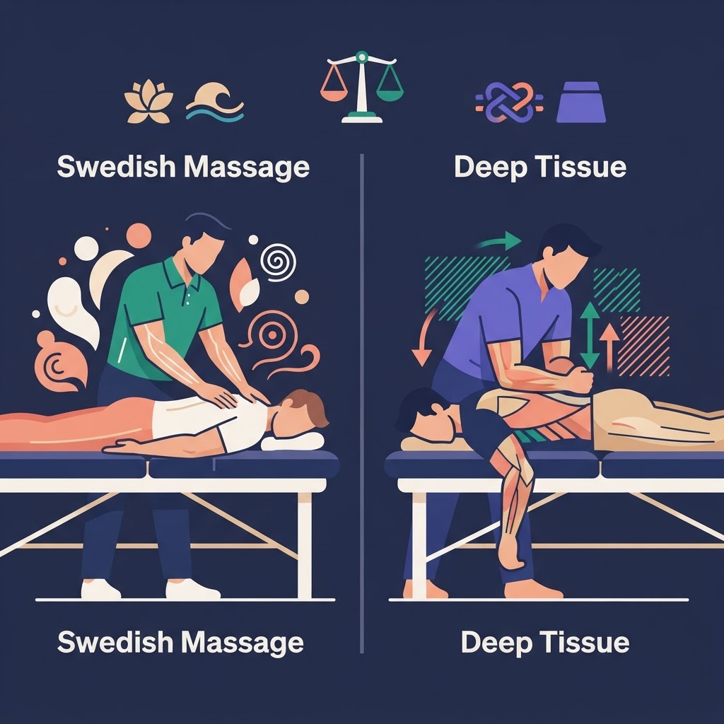 Deep Tissue vs Swedish Massage: Which One is Right for You? — flat vector editorial illustration