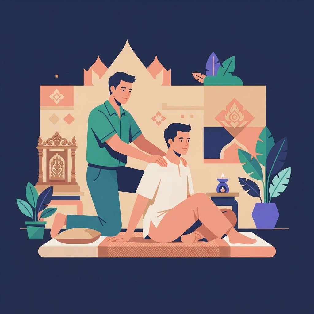 Exploring the World of Gay Thai Massage — flat vector editorial illustration