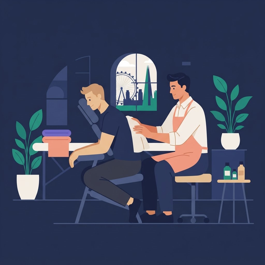 Exploring Gay Massage Services in London — flat vector editorial illustration
