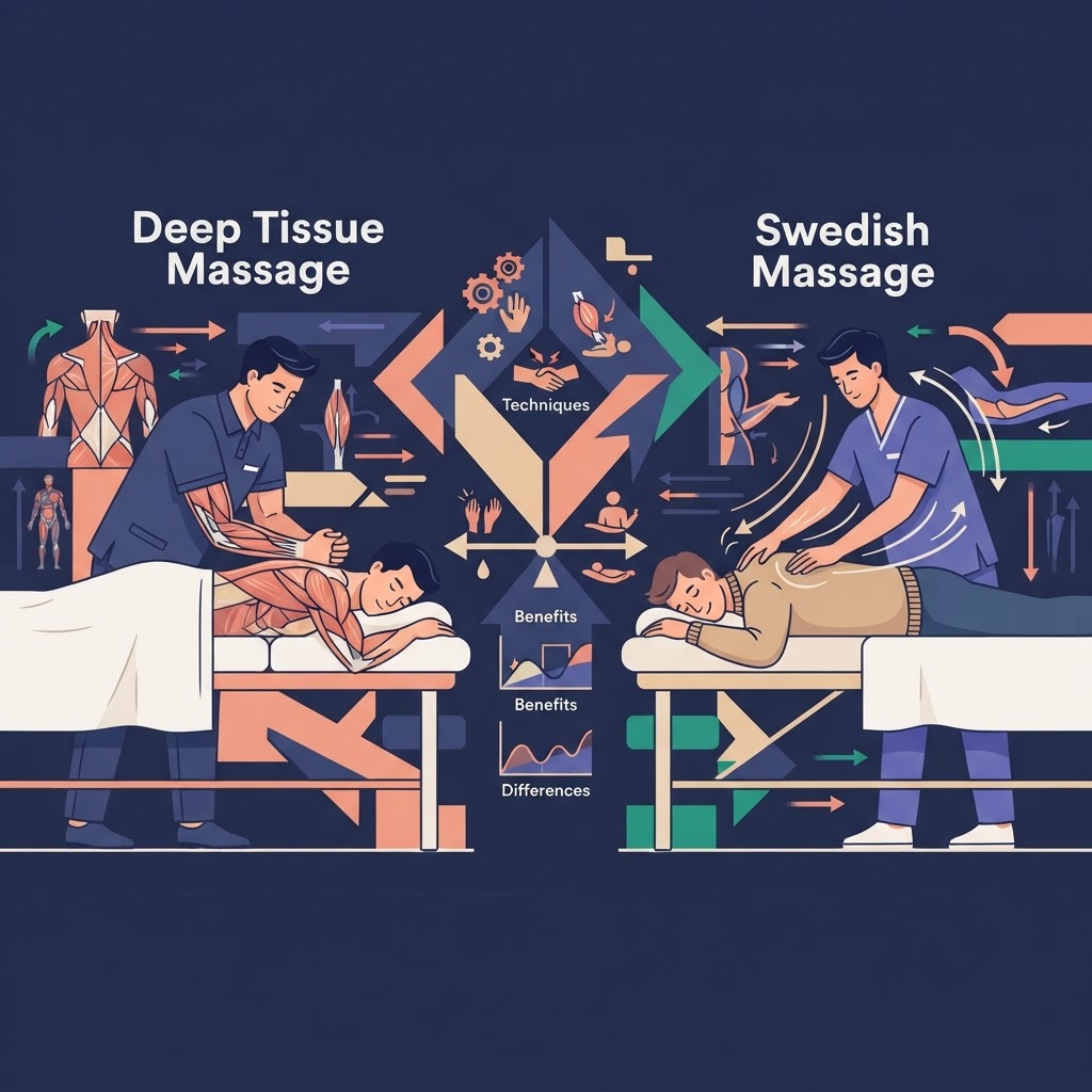 Deep Tissue Massage vs Swedish Massage: Which Is Right for You? — flat vector editorial illustration