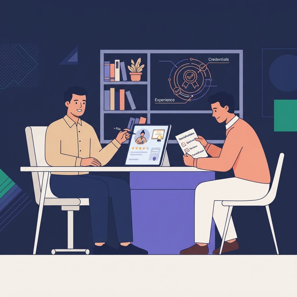 How to Choose the Right Massage Therapist: A Complete Guide — flat vector editorial illustration