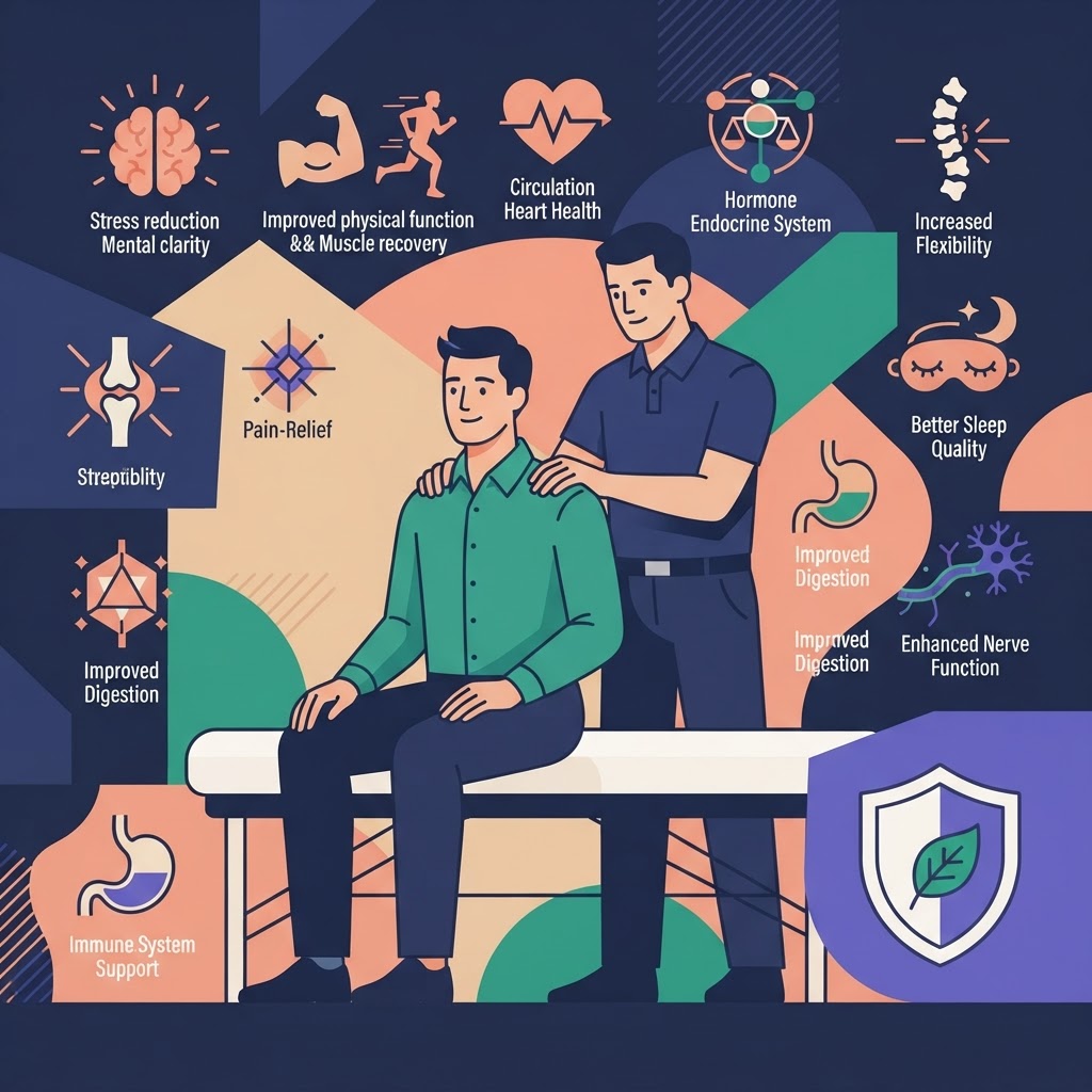 10 Science-Backed Health Benefits of Regular Massage Therapy — flat vector editorial illustration