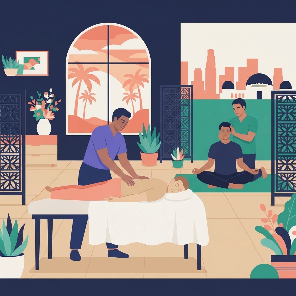 Top Gay Massage Spas in LA Area — flat vector editorial illustration
