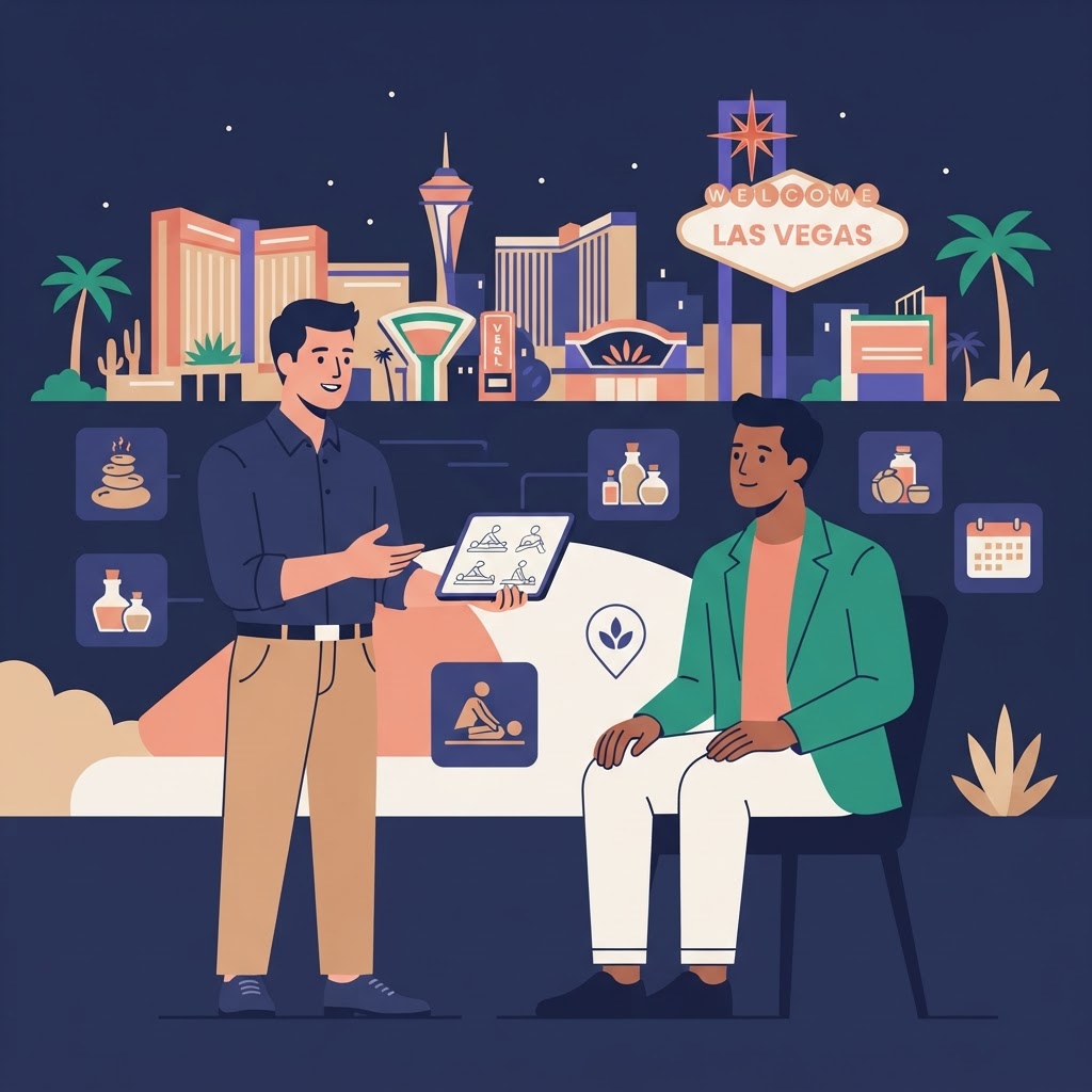 Exploring Gay Massage Options in Las Vegas — flat vector editorial illustration