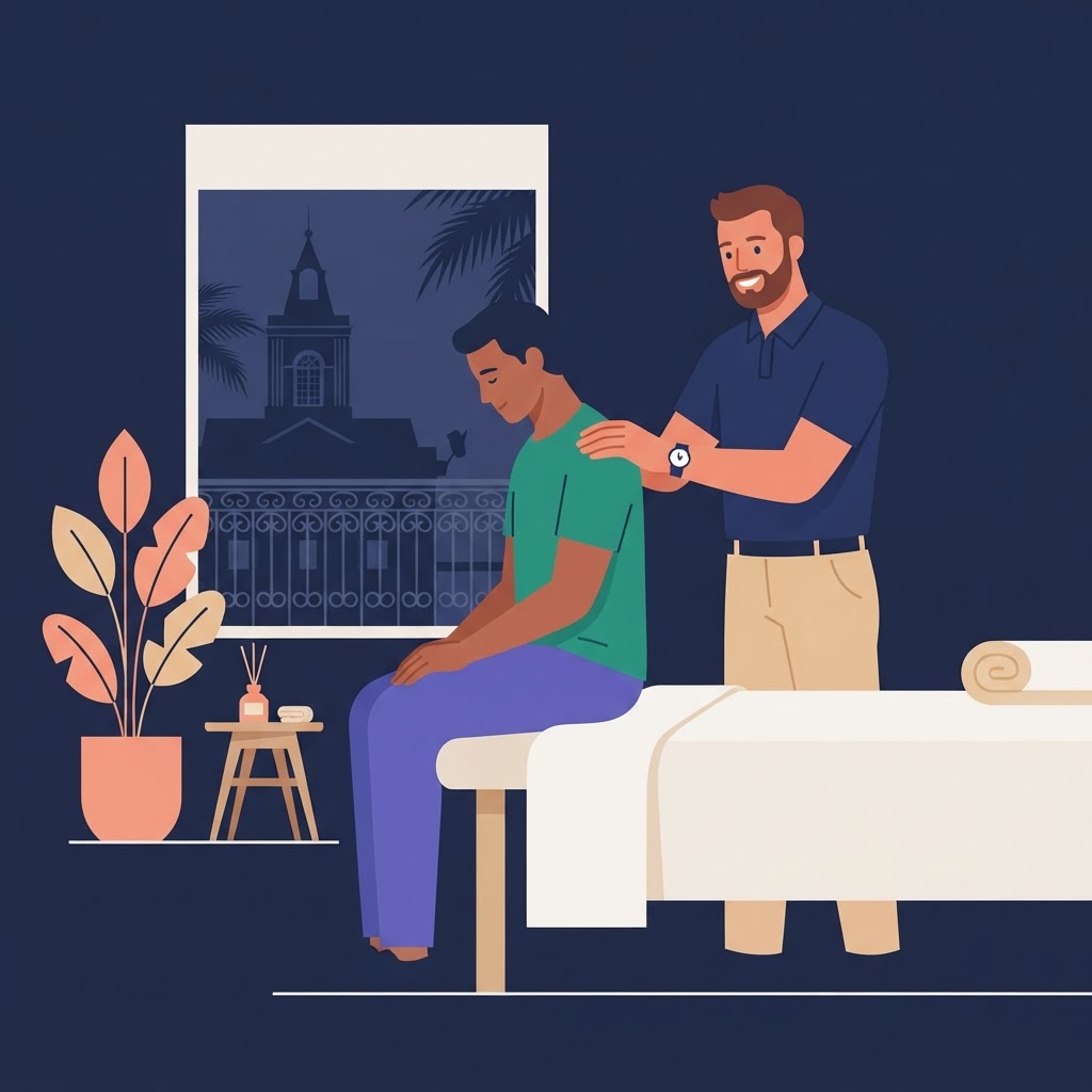 Exploring Gay Massage Options in New Orleans — flat vector editorial illustration