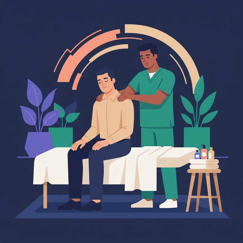 Exploring the Benefits of Male Massage Therapy — flat vector editorial illustration