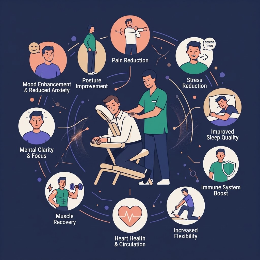 Top 10 Health Benefits of Regular Massage Therapy: Science-Backed Evidence — flat vector editorial illustration