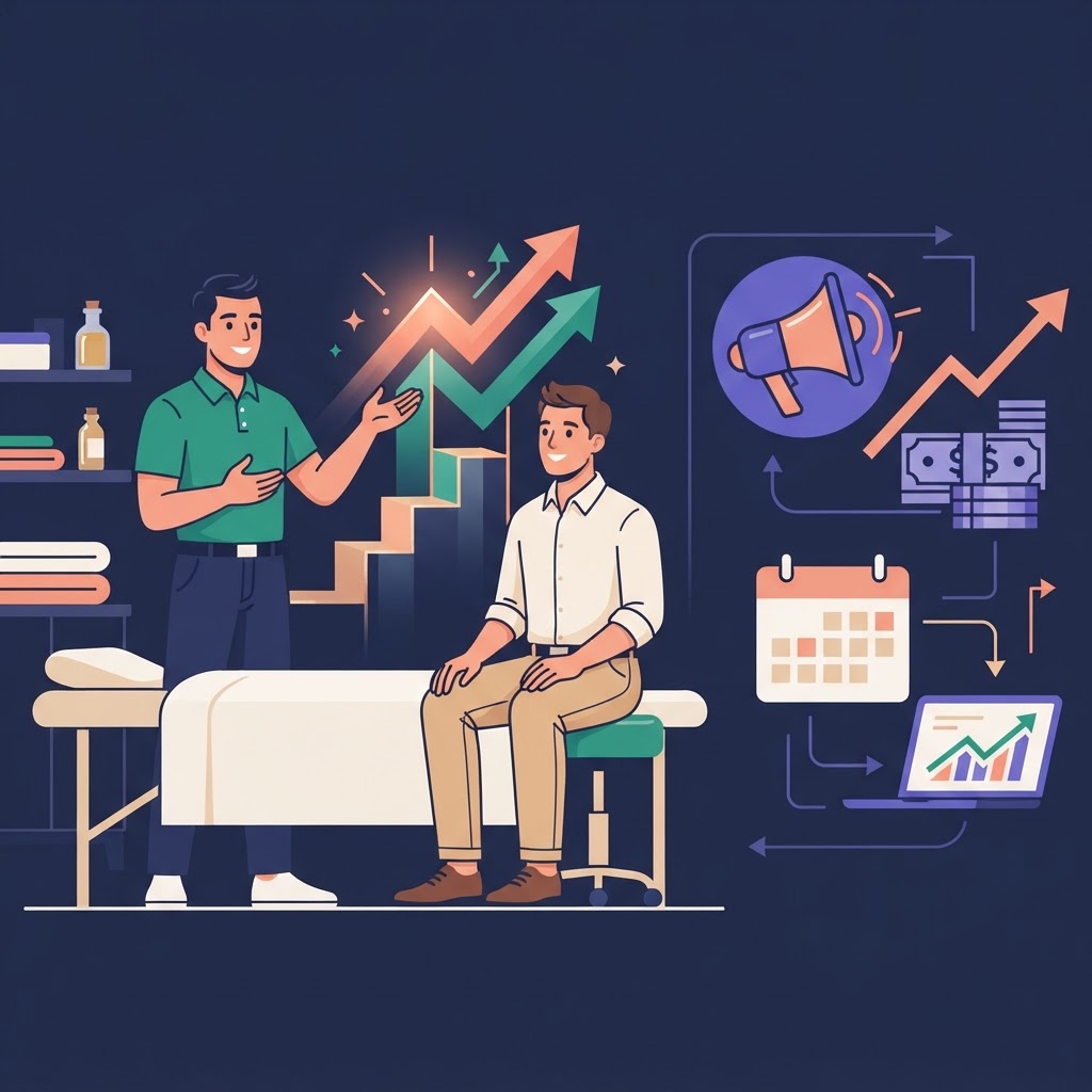 Building a Successful Male Massage Therapy Practice: Marketing and Growth Tips — flat vector editorial illustration