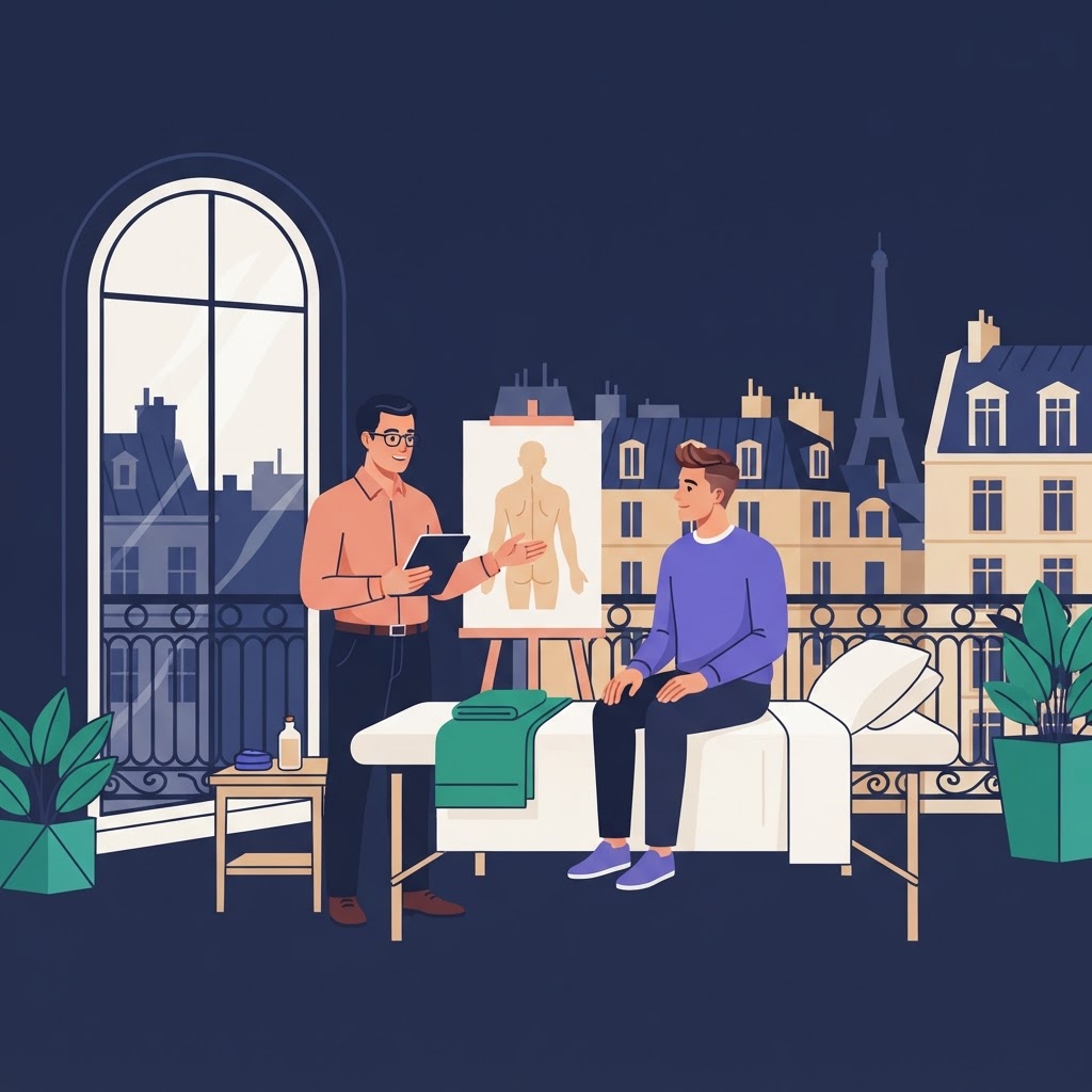 Exploring Gay Massage Options in Paris — flat vector editorial illustration