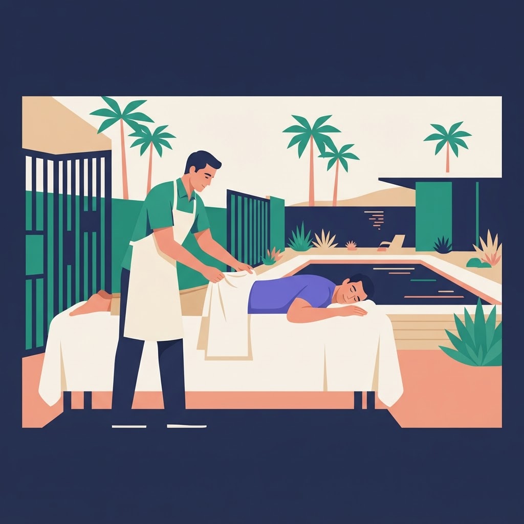 Exclusive Gay Massage in Palm Springs Book Now — flat vector editorial illustration