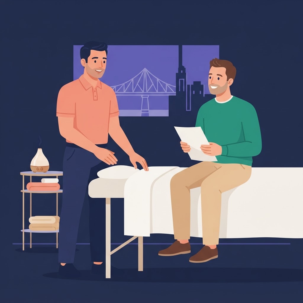 Exploring Gay Massage Services in Montreal — flat vector editorial illustration