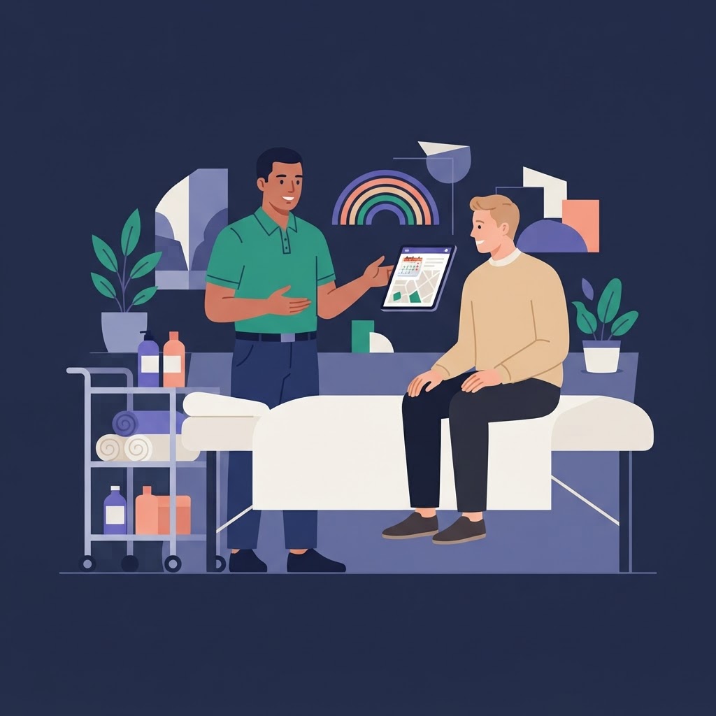 Gay Massage: Complete Guide to Finding LGBTQ+ Friendly Male Massage Therapists — flat vector editorial illustration