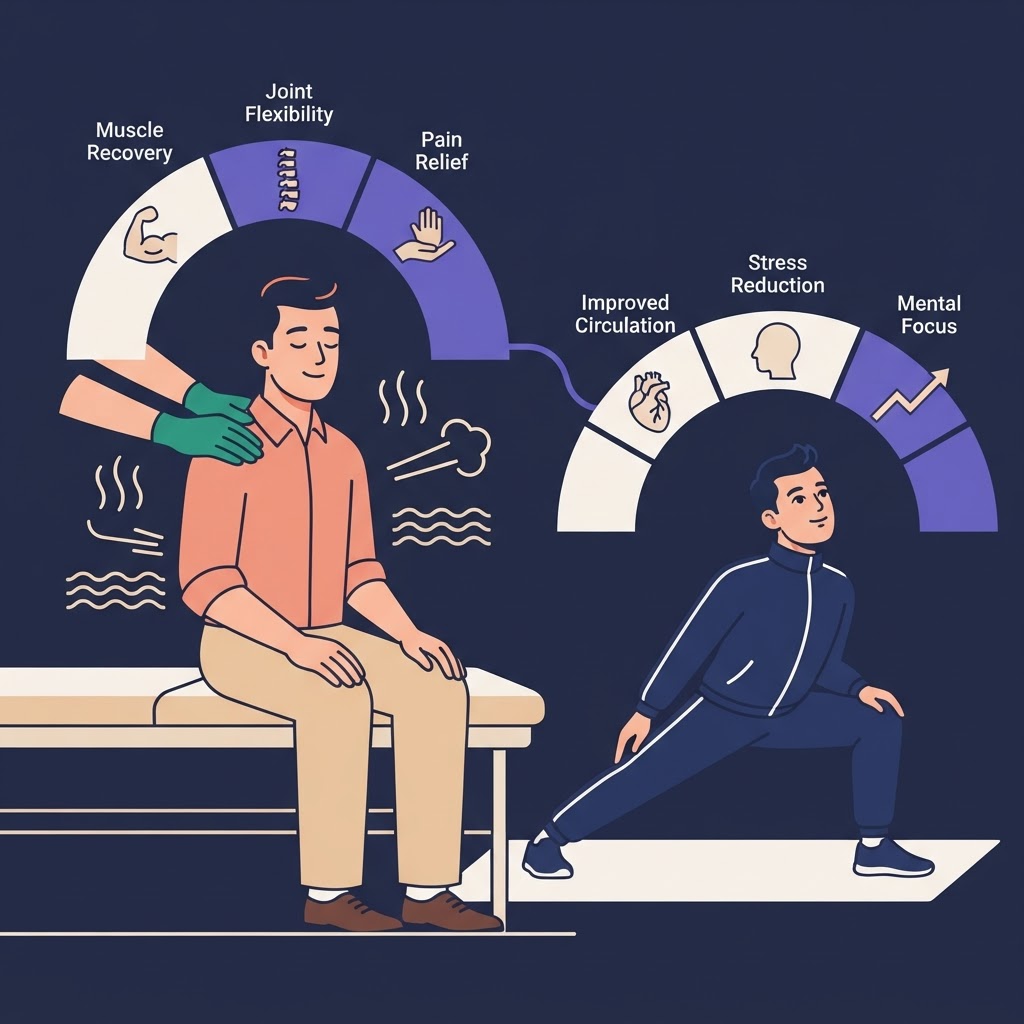 Benefits of Massage Therapy for Men — flat vector editorial illustration