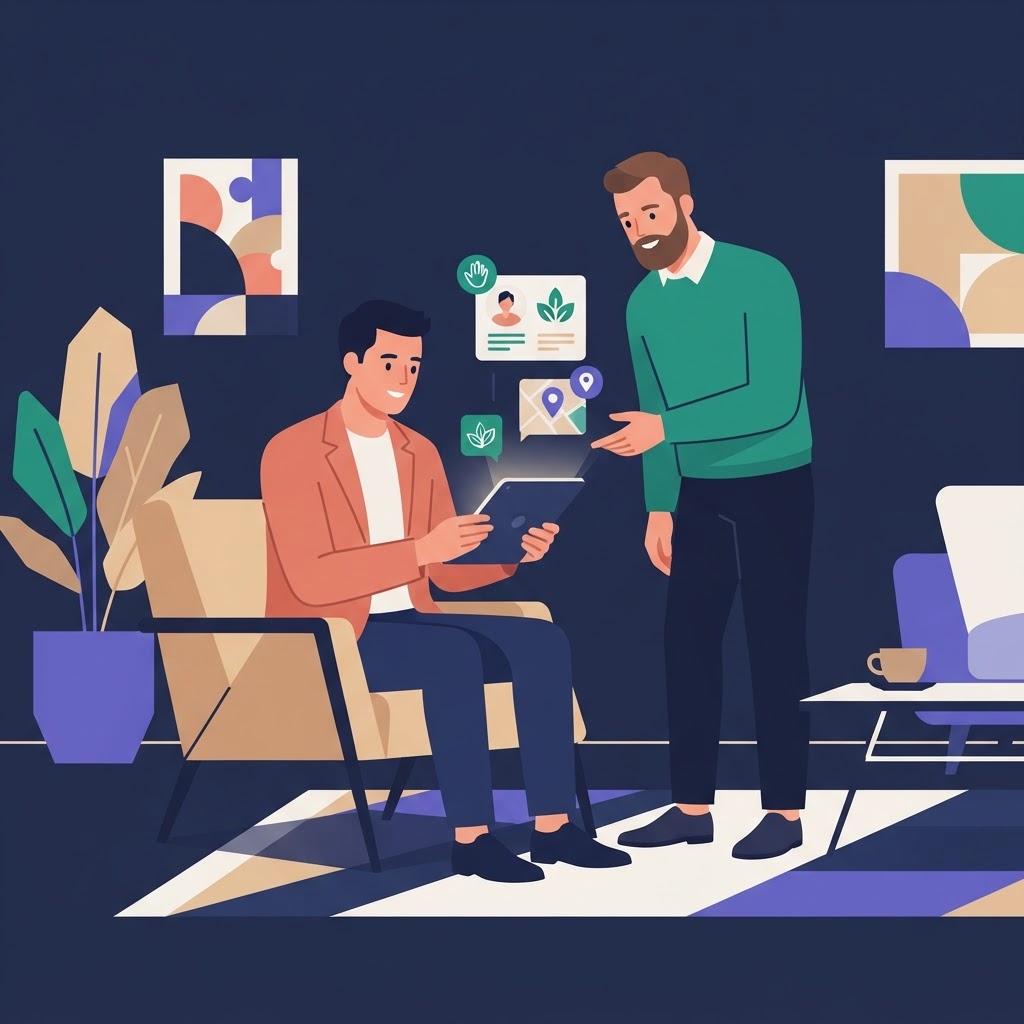 Exploring Massage Finder Services Online — flat vector editorial illustration