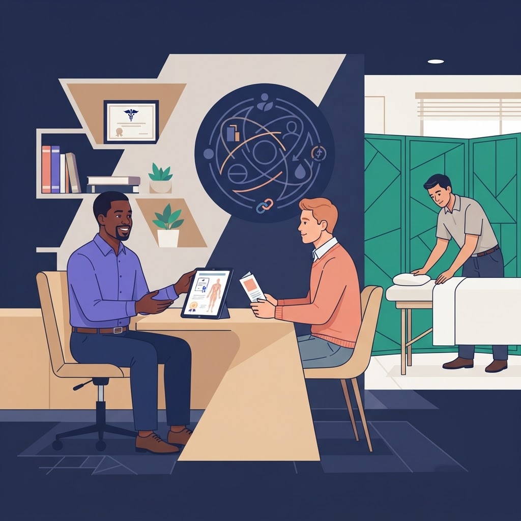 The Complete Guide to Finding the Right Male Massage Therapist for Your Needs — flat vector editorial illustration