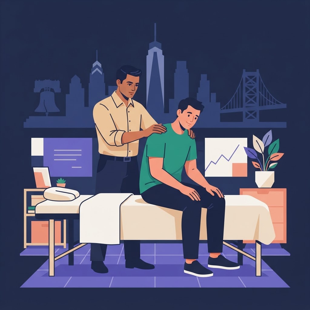 Exploring Male Massage Therapists in Philadelphia — flat vector editorial illustration
