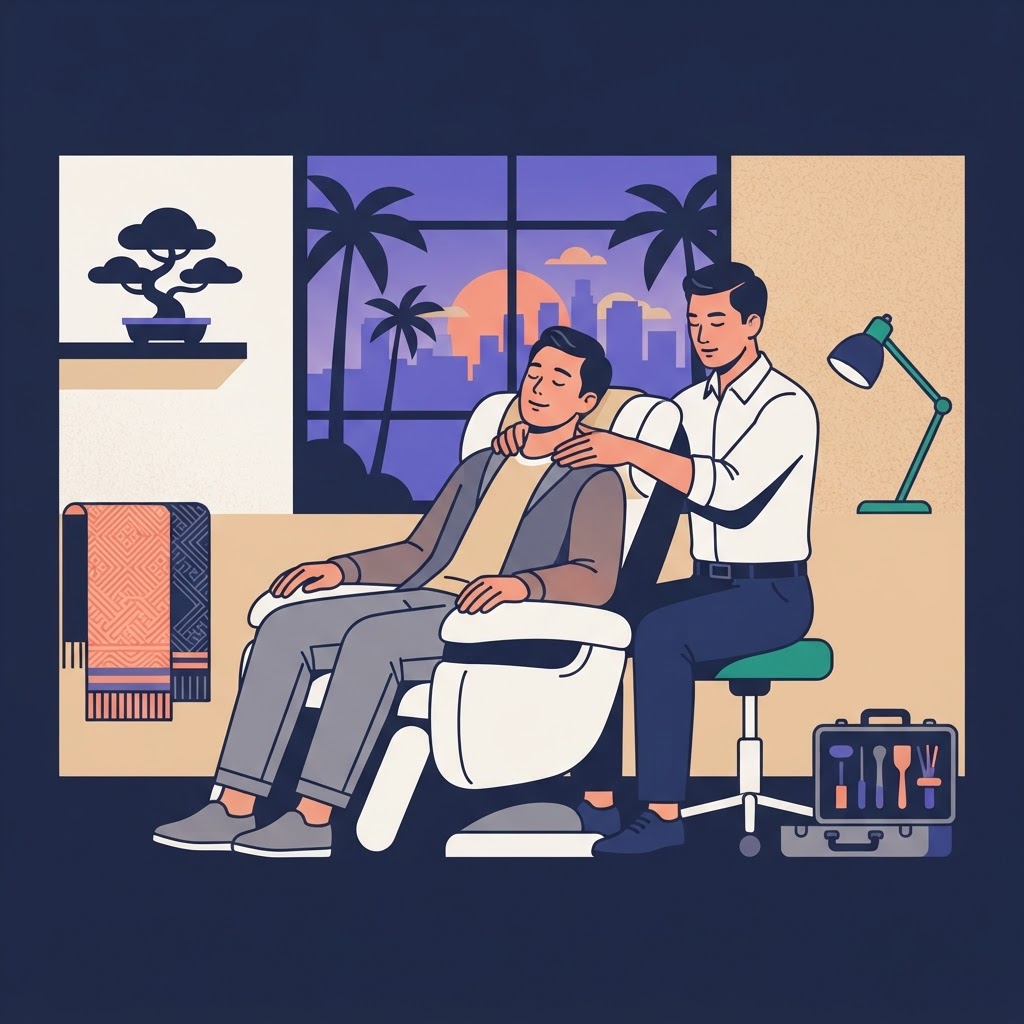Top Asian Gay Massage Experiences in LA — flat vector editorial illustration