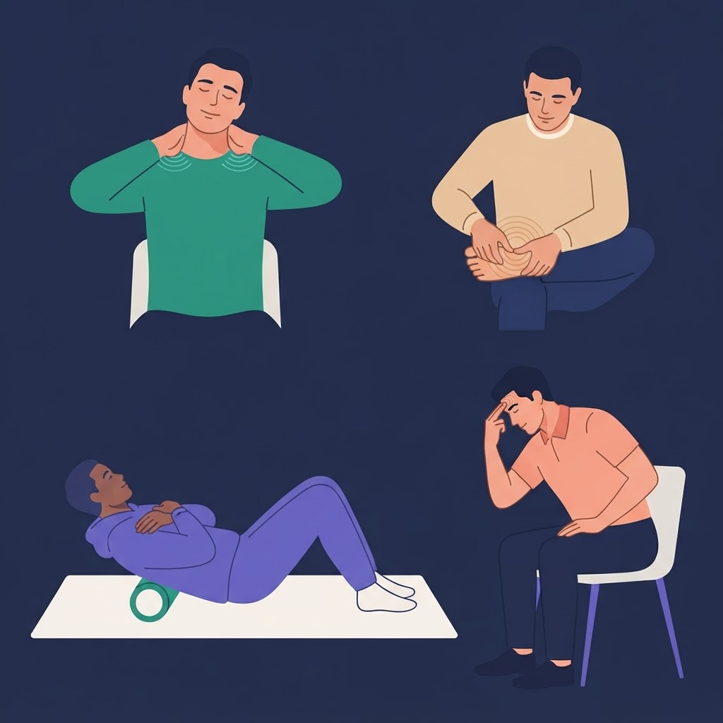 Self-Massage Techniques: 10 Ways to Release Tension at Home — flat vector editorial illustration