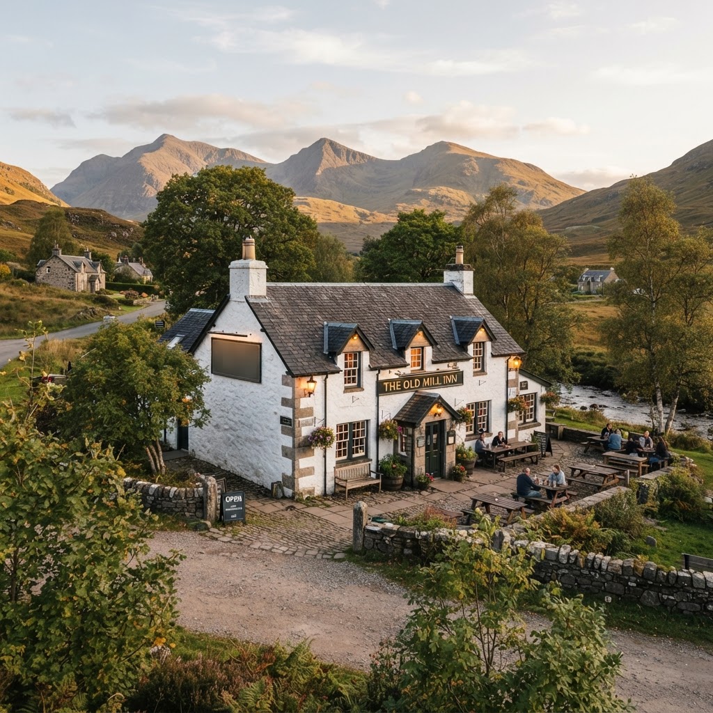 Quaint Scottish pub exterior with patrons enjoying drinks