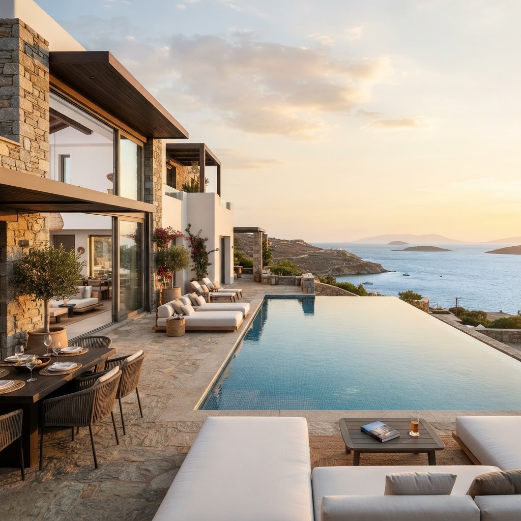 Villa owner reviewing global selling strategy with international market planning documents