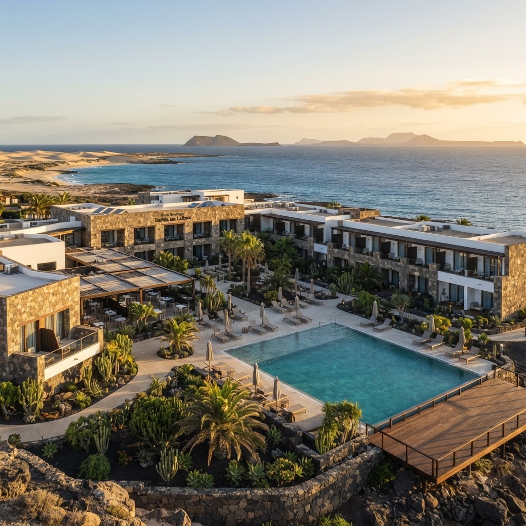 Luxury beachfront hotel property for sale in Corralejo, Fuerteventura with ocean views and modern architecture