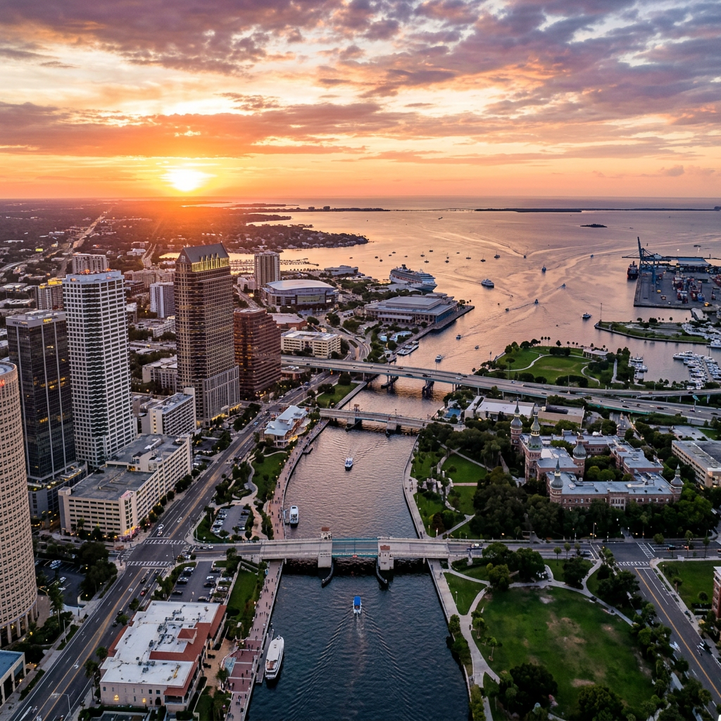 Tampa, Florida waterfront aerial view at golden hour