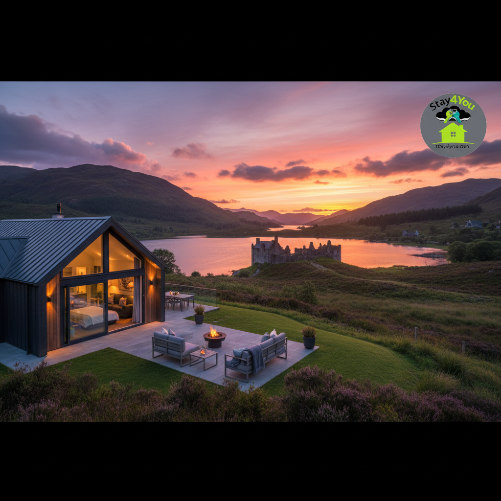 Scenic view of a luxury guest house in Scotland with a sunset, river, and historical castle in the background.
