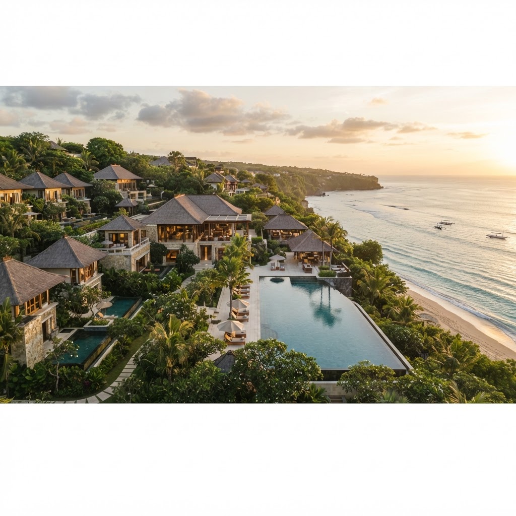 Luxury resort in Bali surrounded by lush tropical landscape