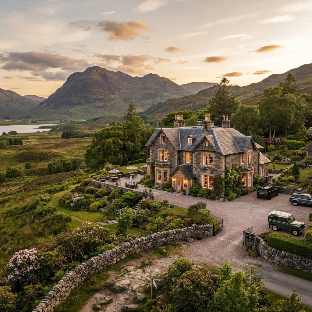 Traditional B&B in the scenic Scottish Highlands surrounded by lush landscape