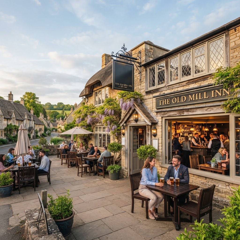 A couple enjoying drinks outside The Old Mill Inn, a picturesque pub perfect for selling without commission fees.