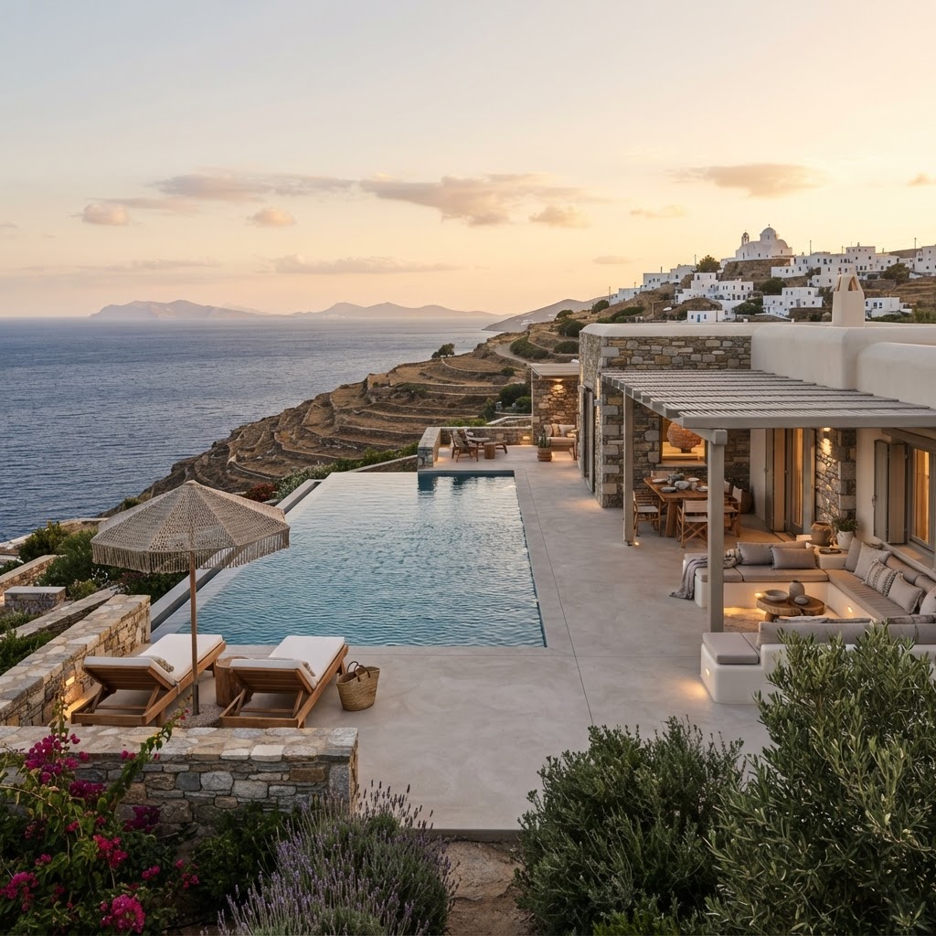Scenic Sikinos island coastline with traditional white Cycladic houses overlooking the Aegean Sea