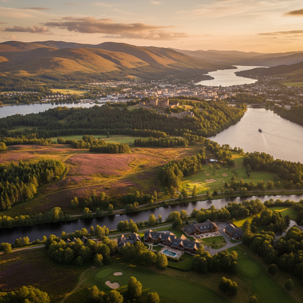 Aerial view of Inverness-Shire showcasing lush landscapes, rivers, and scenic mountains at sunset.