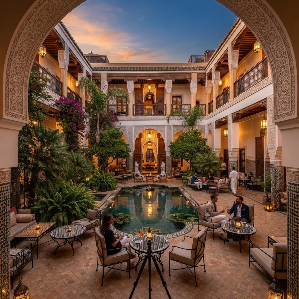 Luxury hotel in Morocco with pool and mountain backdrop, showing prime hospitality investment opportunity