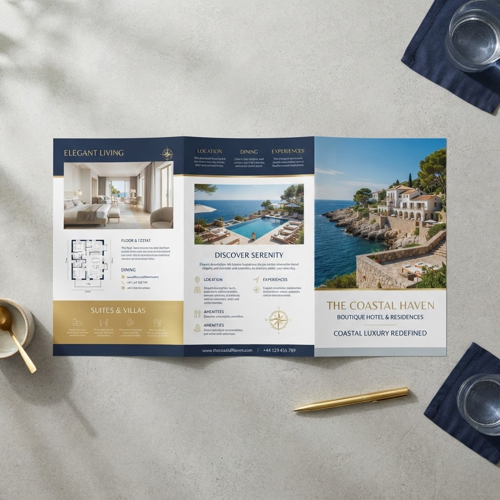 Tri-fold hotel sales brochure example created with AI