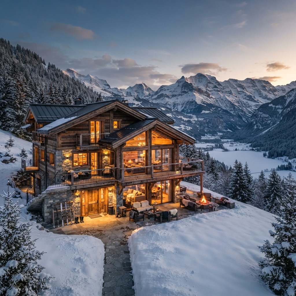 Ski chalet for sale with snow-covered mountains in 2026
