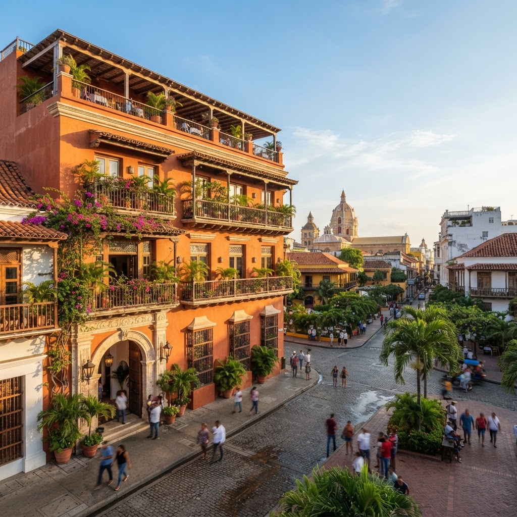 A beautiful orange colonial-style hotel building with balconies in the historic center of Cartagena, Colombia.