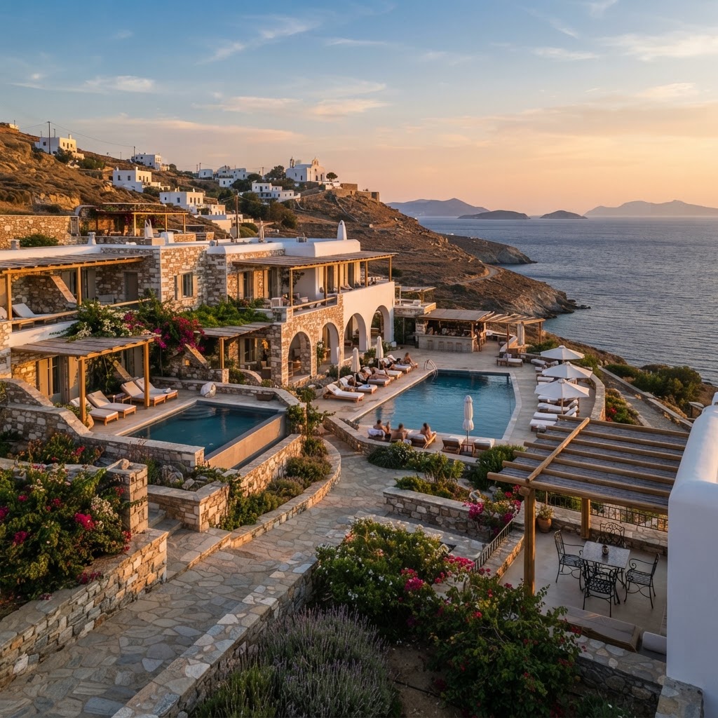 Scenic whitewashed hotel property overlooking the Aegean Sea on Sikinos Island, Greece