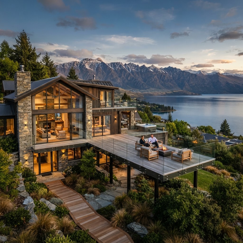 Scenic Queenstown lakefront with boutique guest houses and mountain backdrop