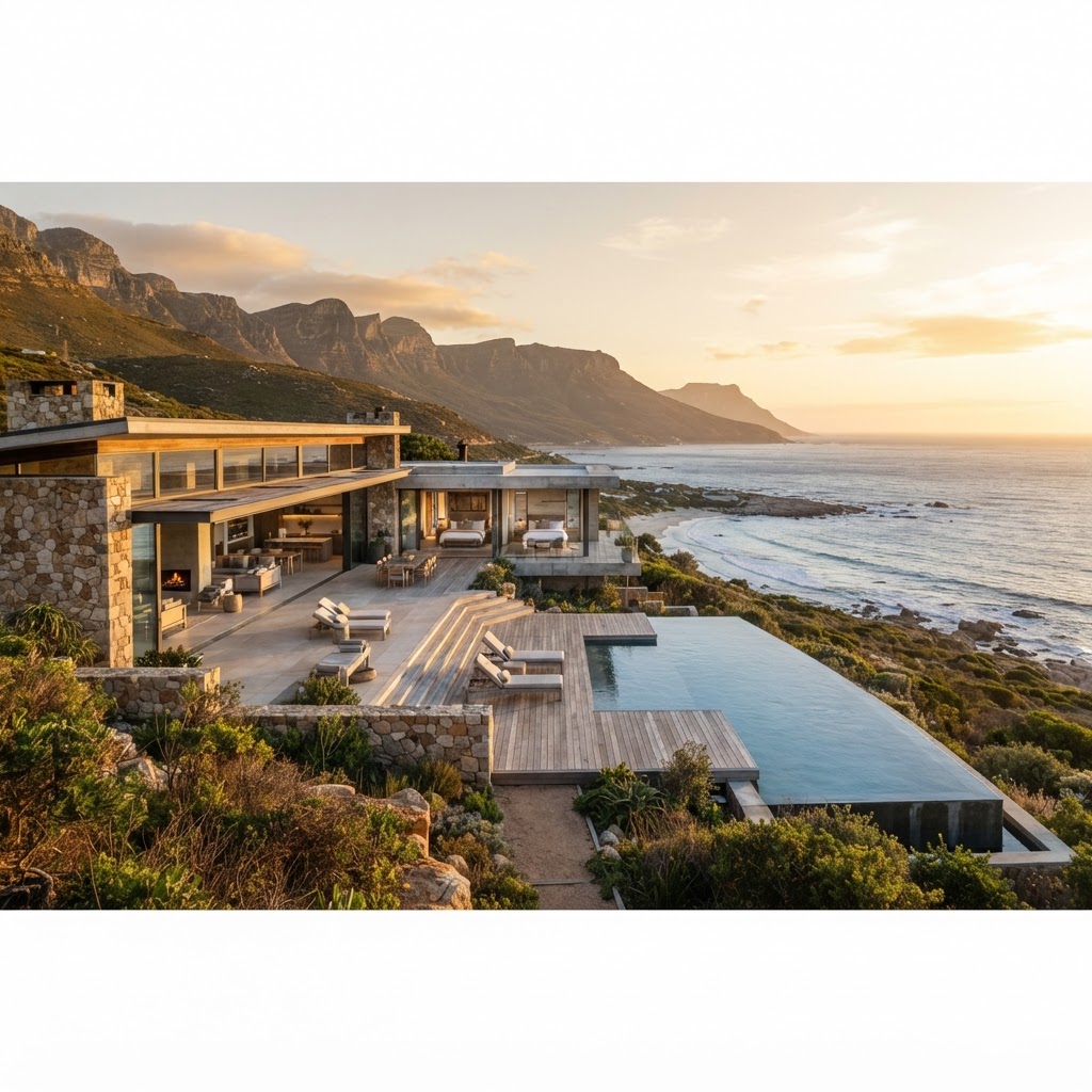 Luxury South African coastal villa with an infinity pool overlooking the ocean at sunset.