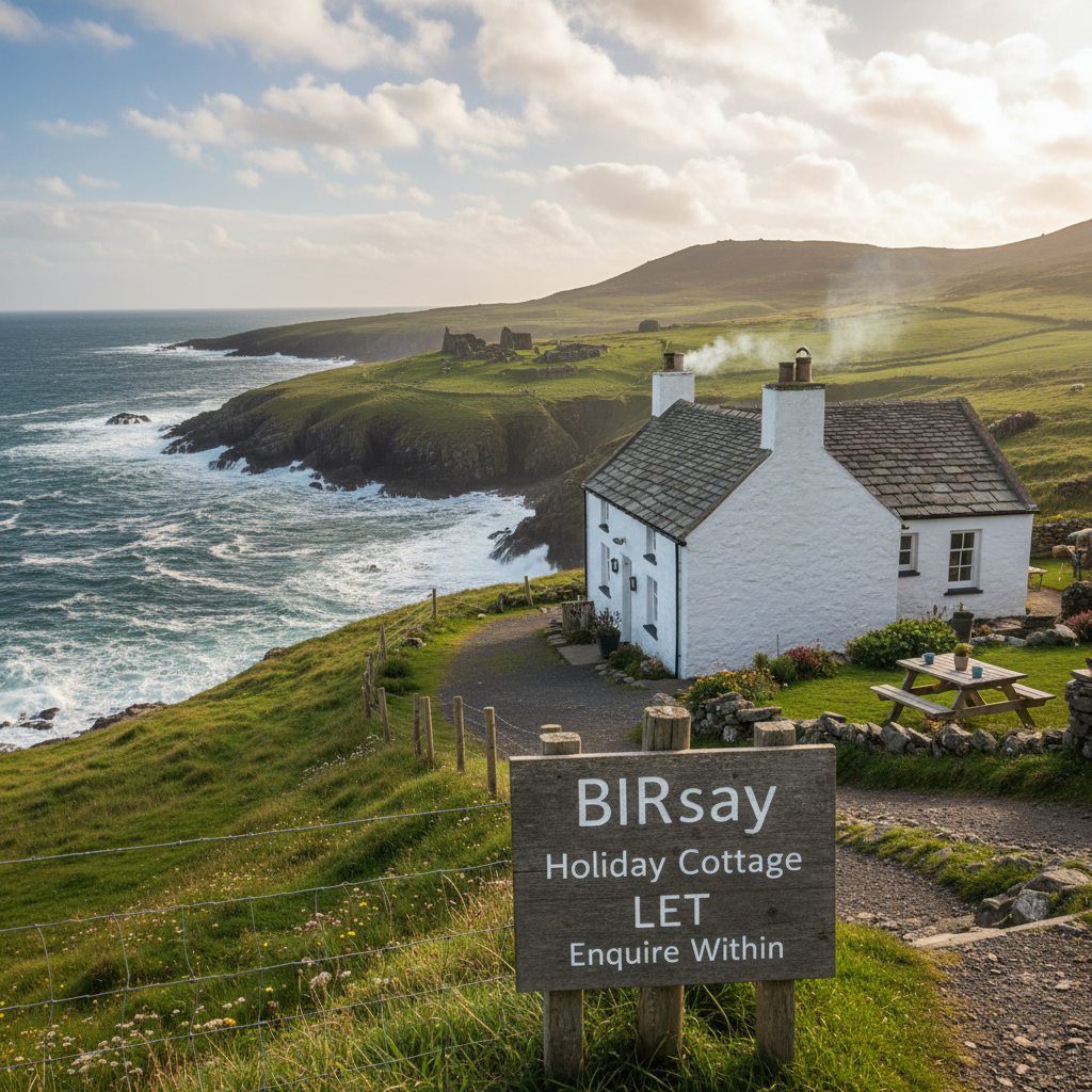 A scenic view of Birsay, Orkney, featuring a holiday cottage overlooking the ocean and green hills.