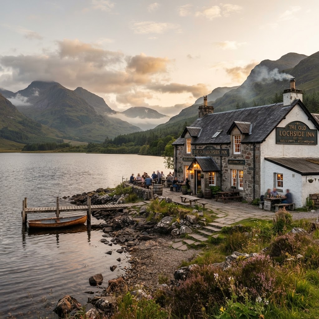 Scenic view of a lochside pub in Scotland