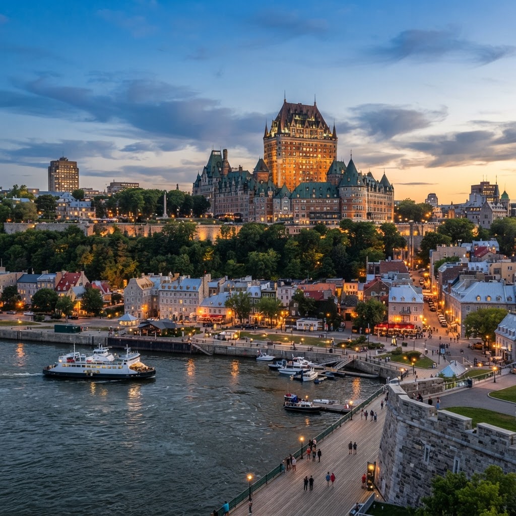 Aerial sunset view of Quebec City skyline with the Fairmont Le Château Frontenac and a ferry on the St. Lawrence River.