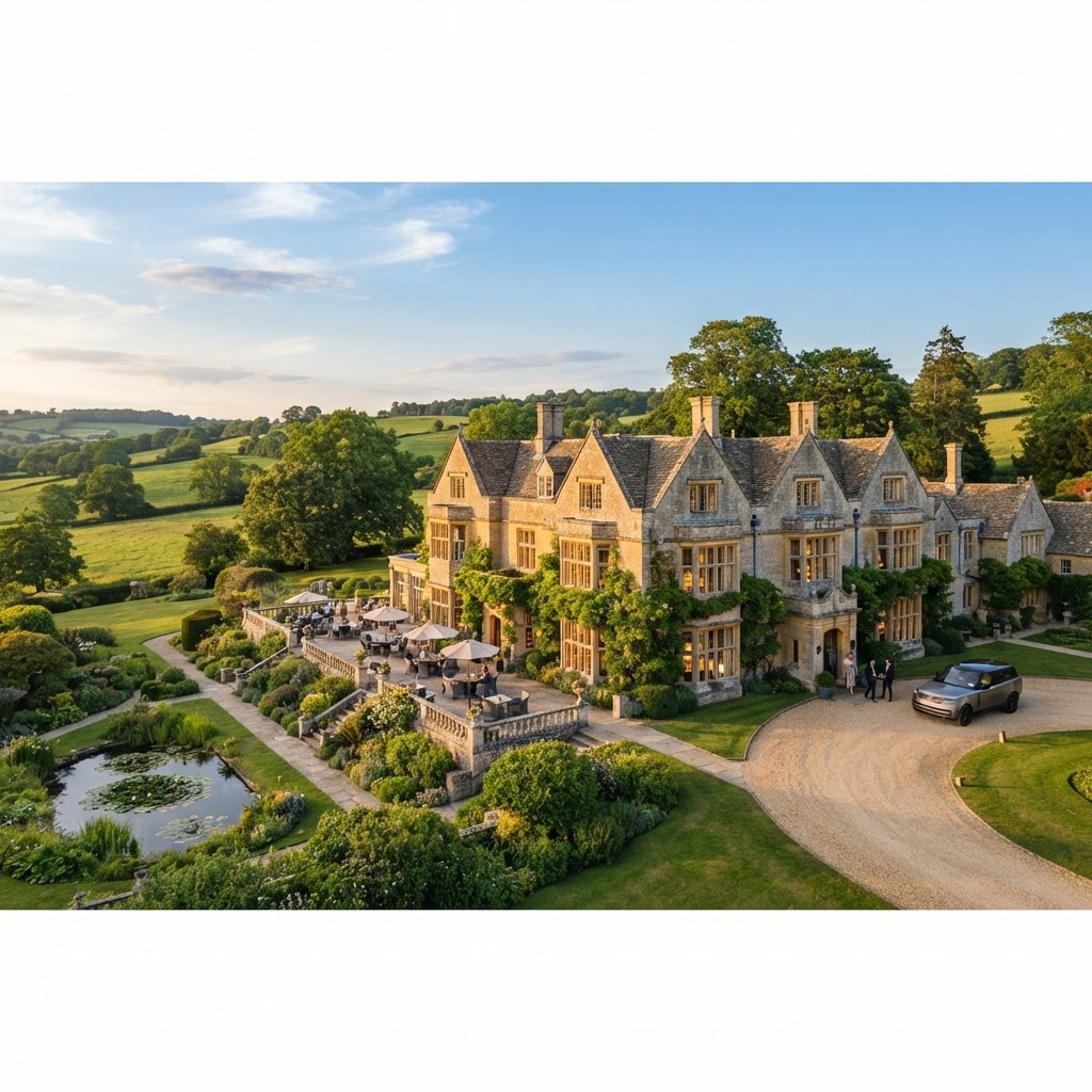 Aerial view of a luxury English country hotel estate with stone architecture, gardens, and a gravel driveway.
